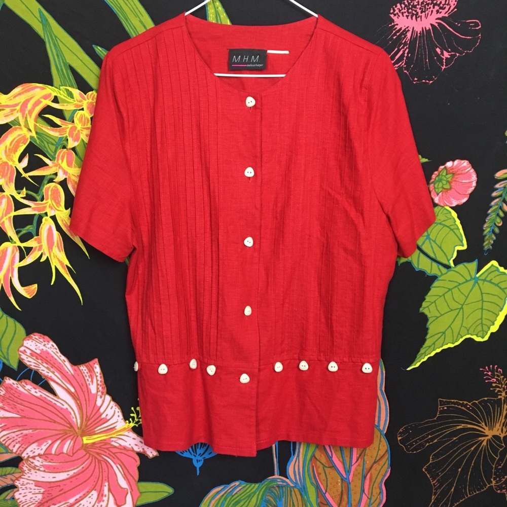 🗝 3for25 ViNTAGE / Red Pleated Button Blouse - Picture 1 of 5